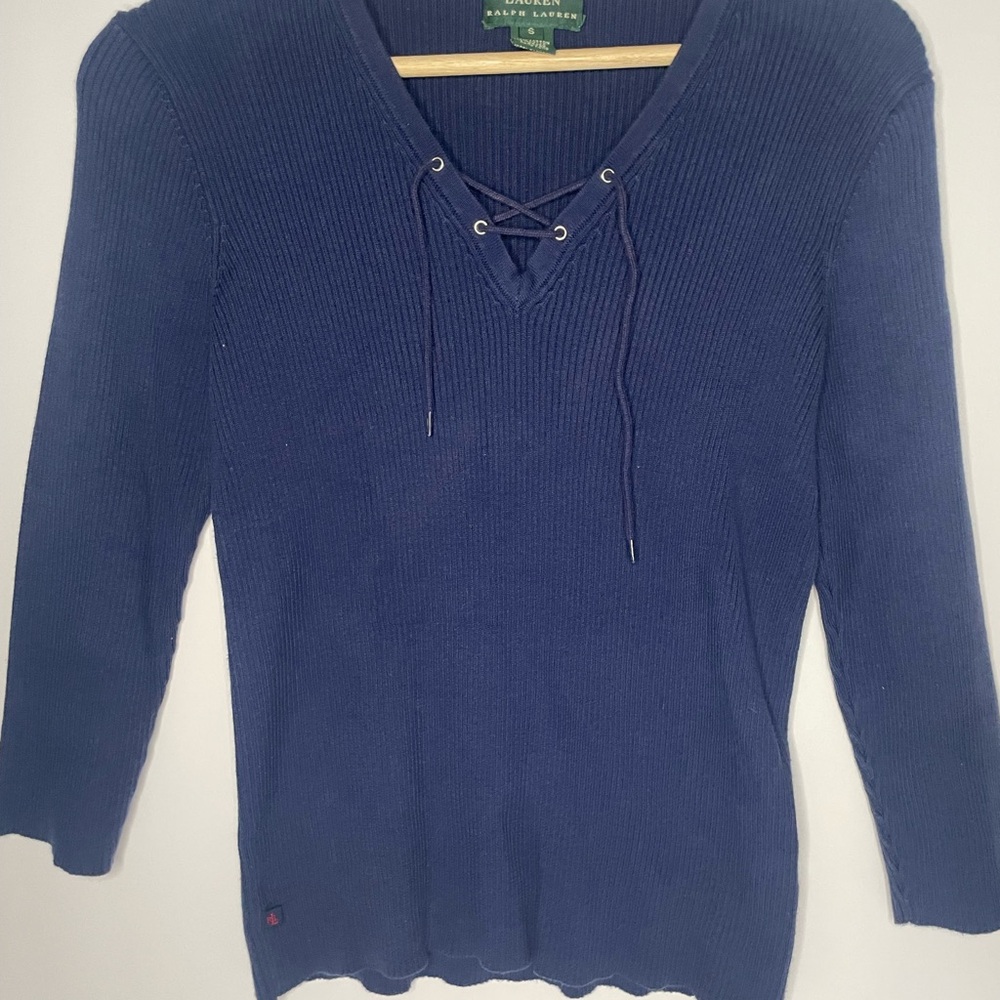 Ralph Lauren Navy Lace-Up Ribbed Cotton Top 3/4 sleeve